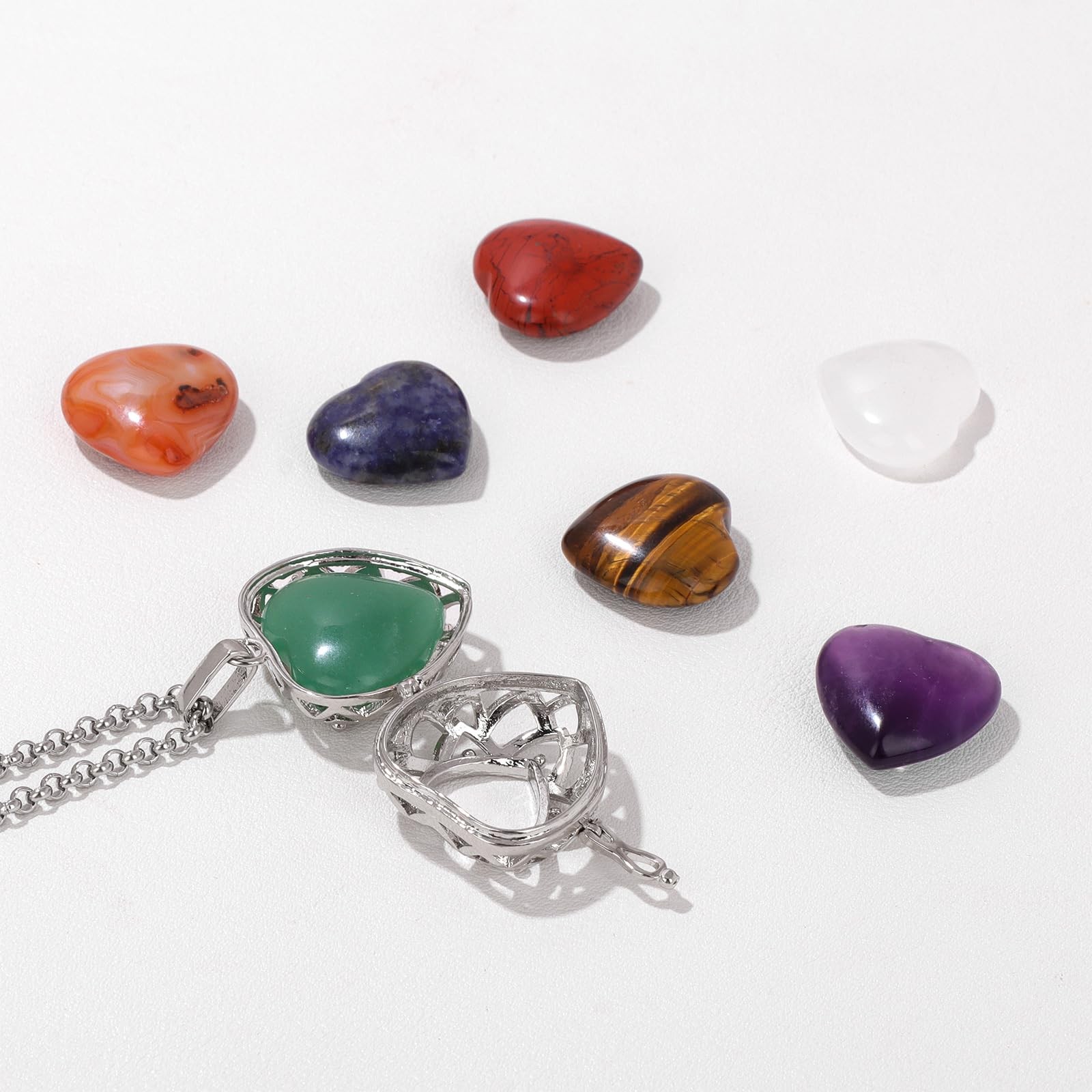 Heart Shaped Crystals and Healing Stones 7 Chakra Crystal Necklace 0.8 inch H…