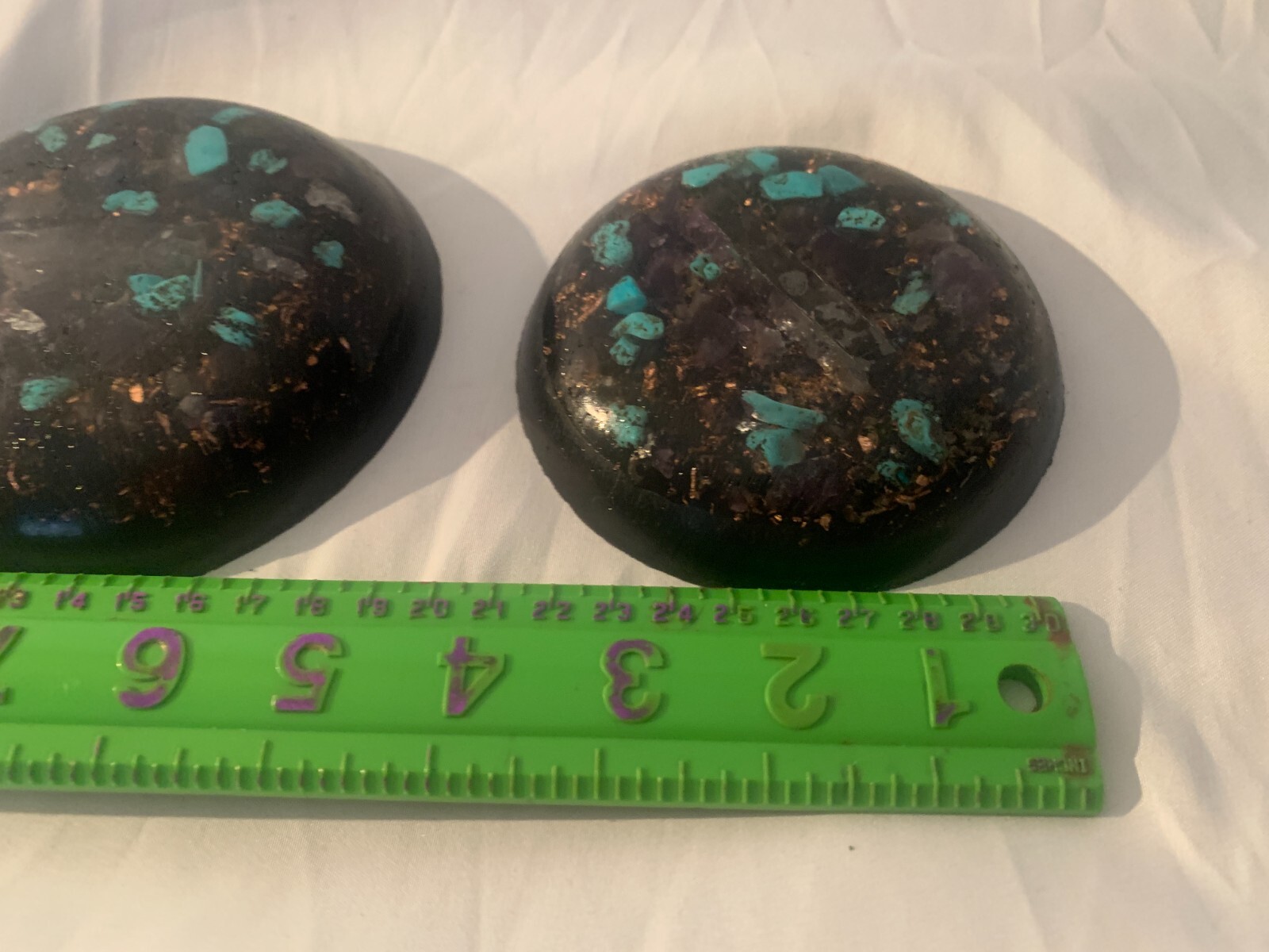 Crystal and stone orgone tower buster that is round in shape set of 2 handmade