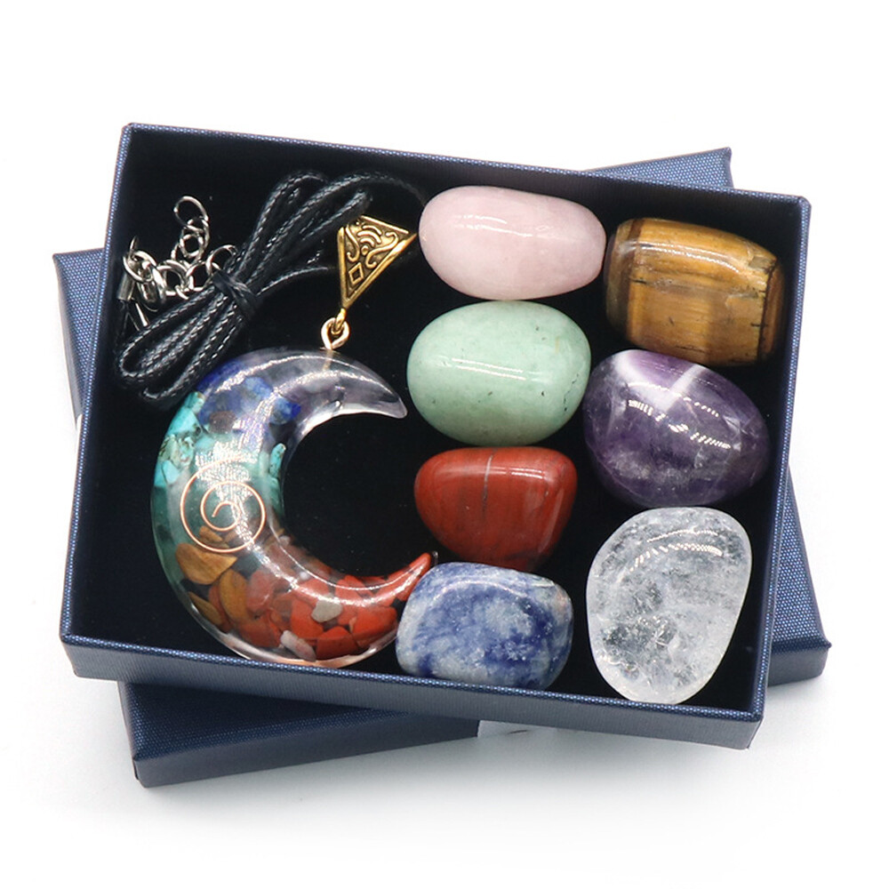Natural 7 Chakra Healing Crystal Tumbled Stone Set Moon Star Pendant W/ Gift Box