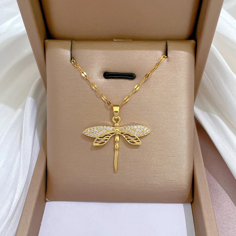 Women’s Fashion Jewelry Gold Cubic Zircon Dragonfly Pendant Necklace Gift 1PC