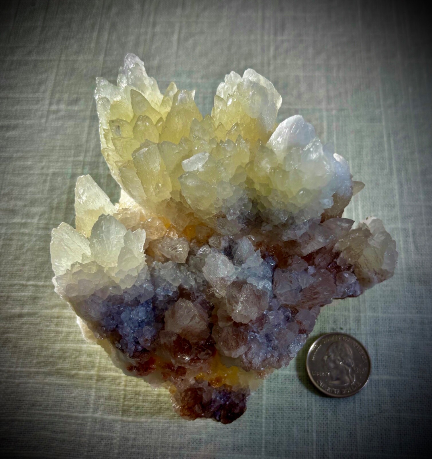 CALCITE CRYSTAL CLUSTER on QUARTZ SPECIMEN MULTI COLOR