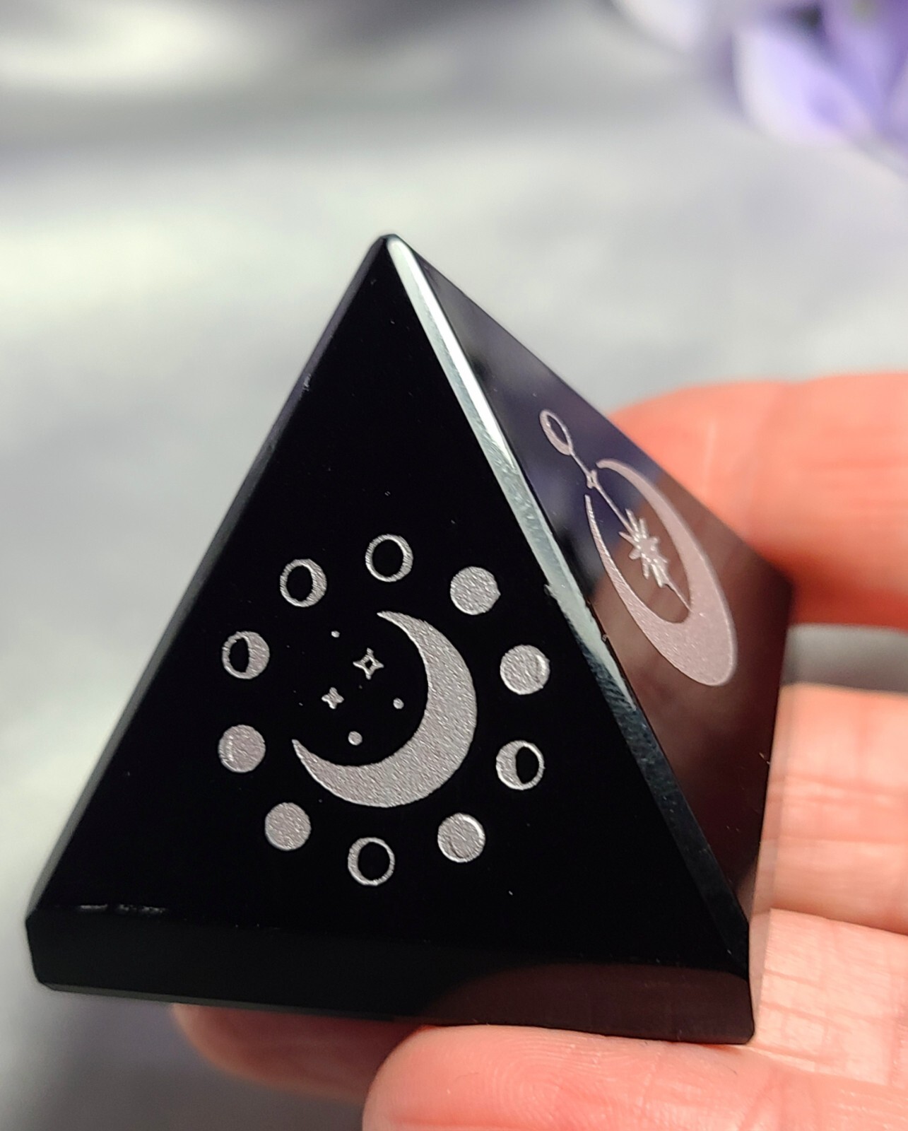 1.7″ Black Obsidian Sphere Crystal Pyramid Silver Engraved Moon & Stars Wiccan