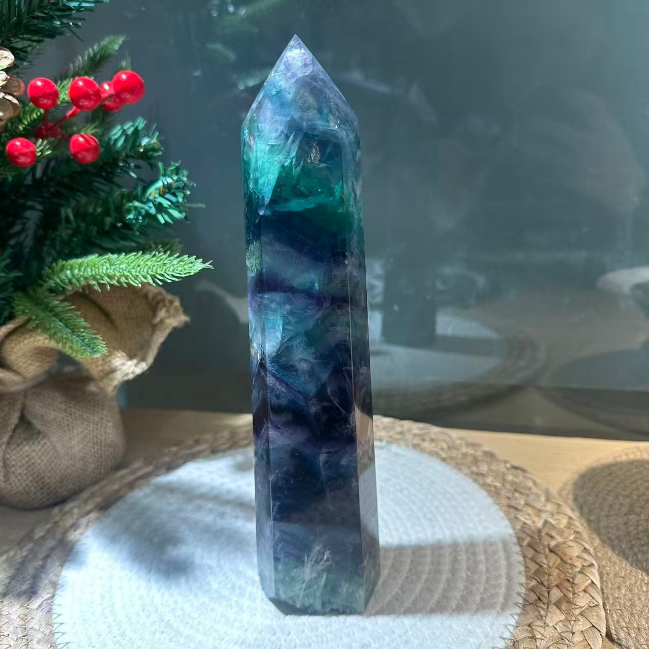 3.14LB 9″ Natural Rainbow Fluorite Tower Obelisk Crystal Healing Quartz Decor