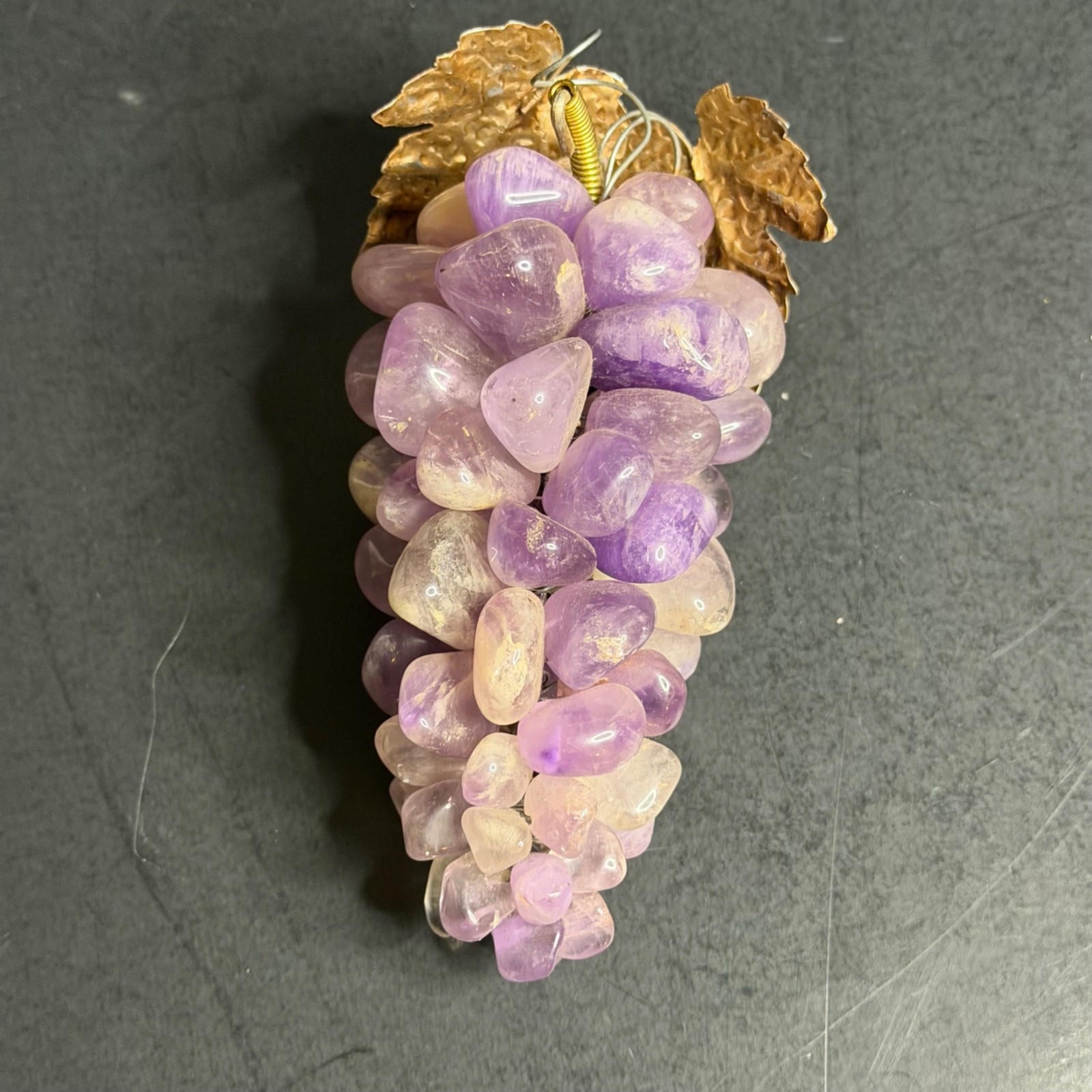 Polished Amethyst Purple Quartz Crystal Grape Cluster Brass Leaf Paperweight