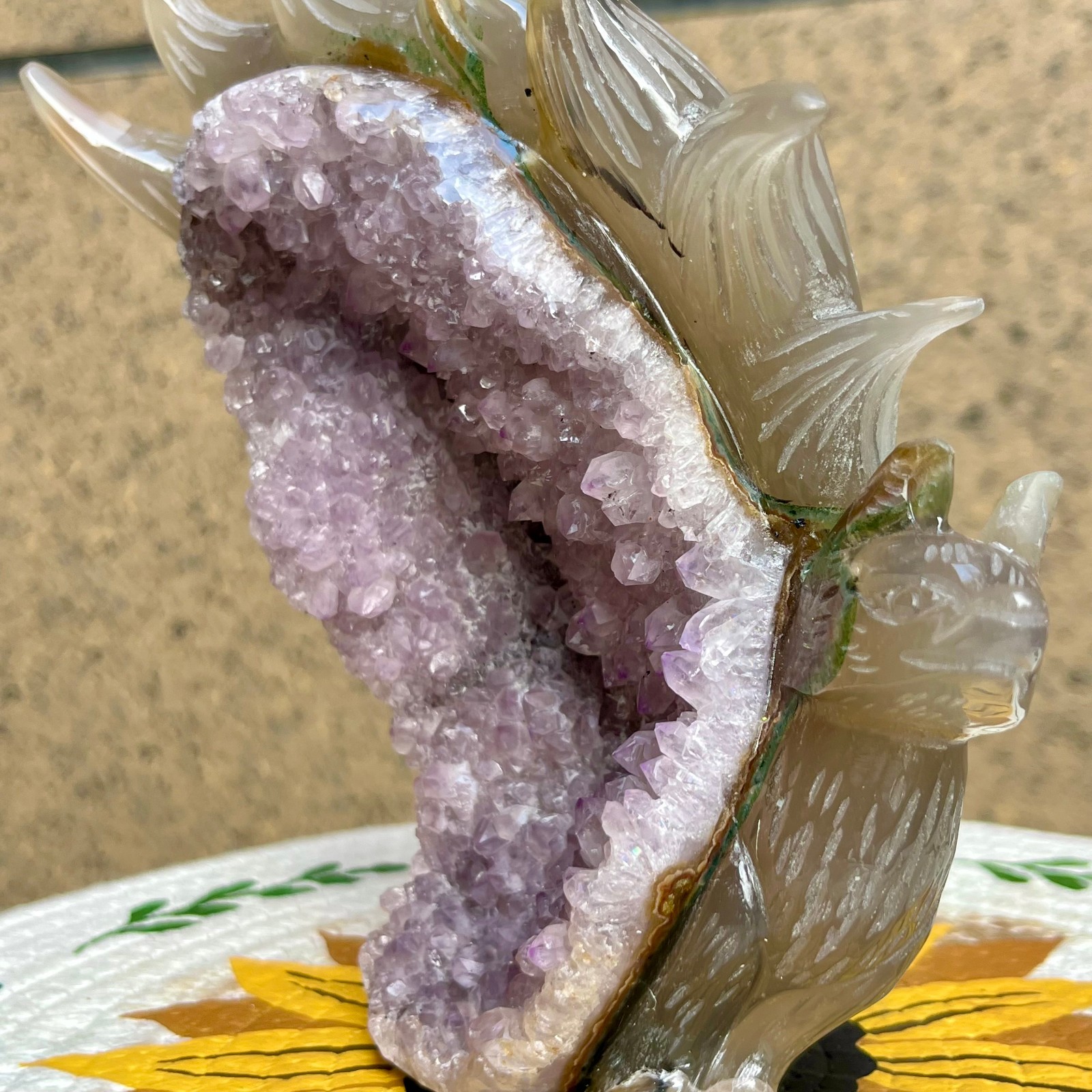 2.5 lb Unique Agate Geode Druzy Fox Carving Crystal Animal Collectible Art