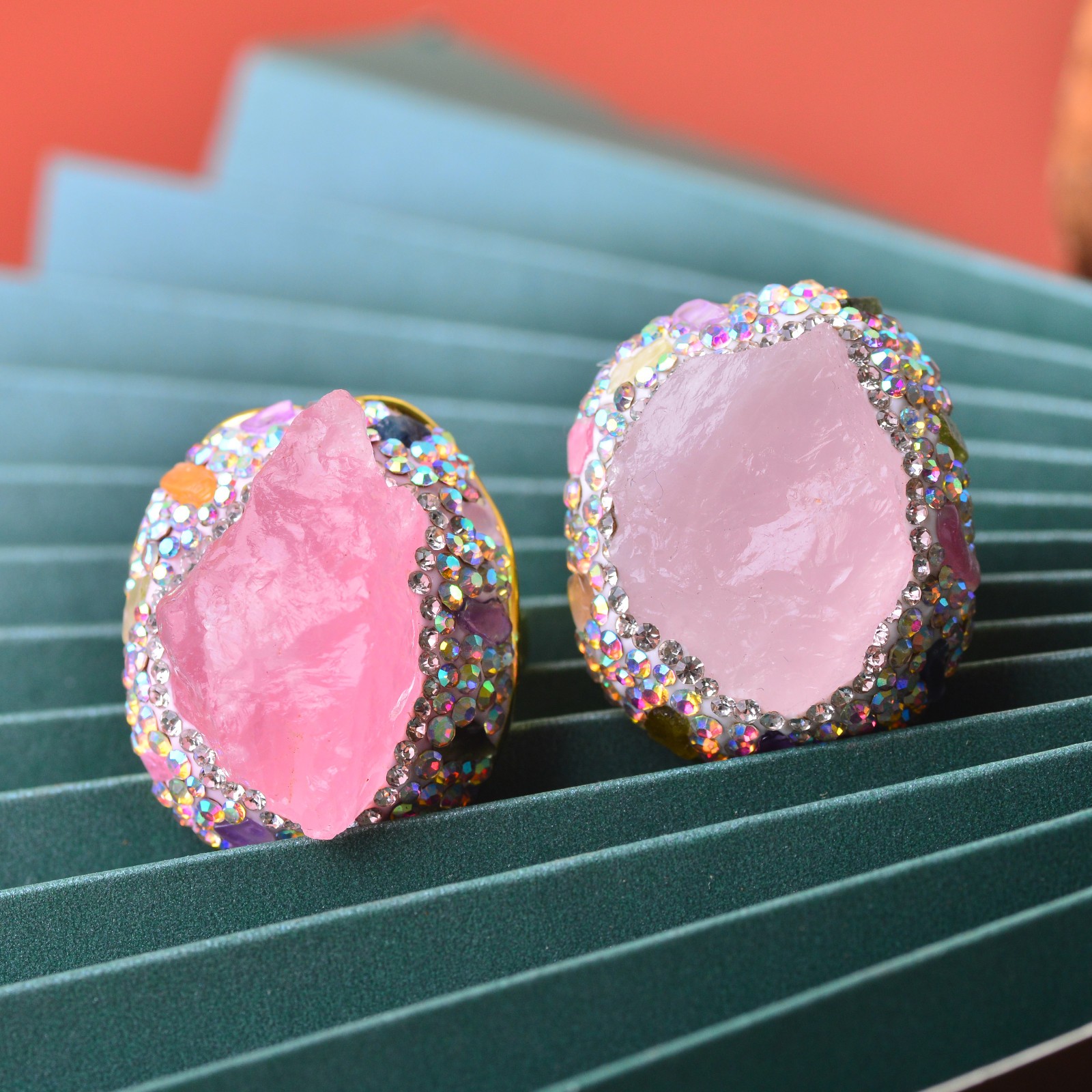 pink quartz ring, alloy inlaid with handmade gemstone jewelry Love Stone