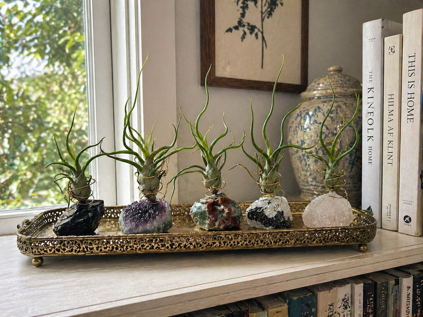 Air Plant Holder Geode Crystal w/ Bulbosa + Spray Bottle & Care Kit BOHO GIFT