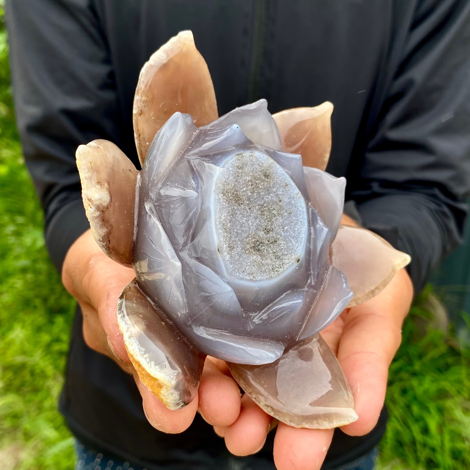 343G Natural Agate Geode Carved Lotus Flower, Hand Carved Healing Crystal Home