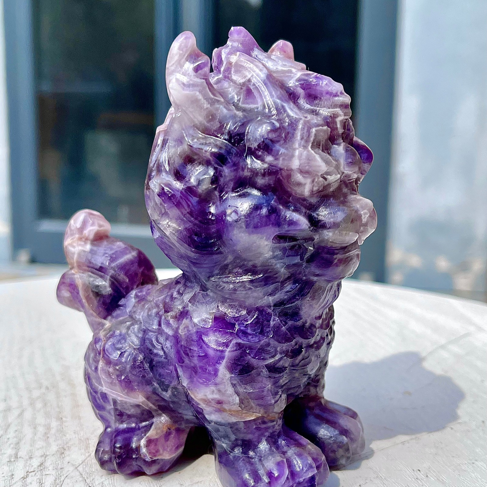 1.49LB Natural dreamy amethyst lion hand carved skull healing
