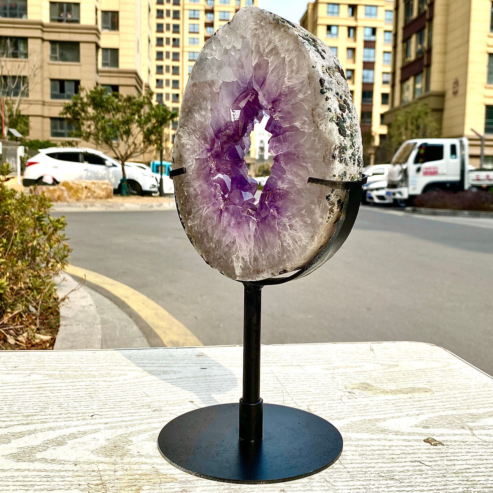 4.29LB Natural Amethyst Cave Crystal Slice Crescent shaped Hand Cut Repai