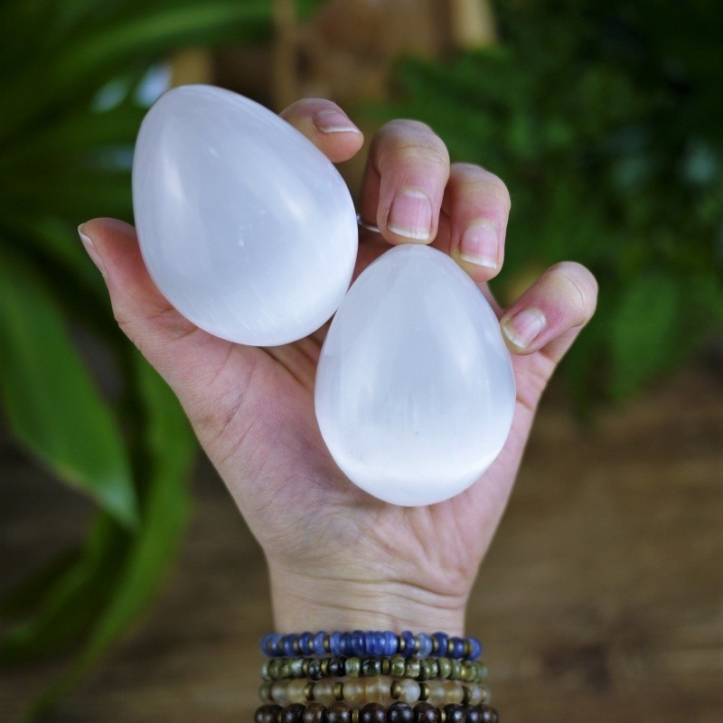 2pc 50-100G Natural Crystal Selenite Polished Egg Flashy Cat Home Office Decor