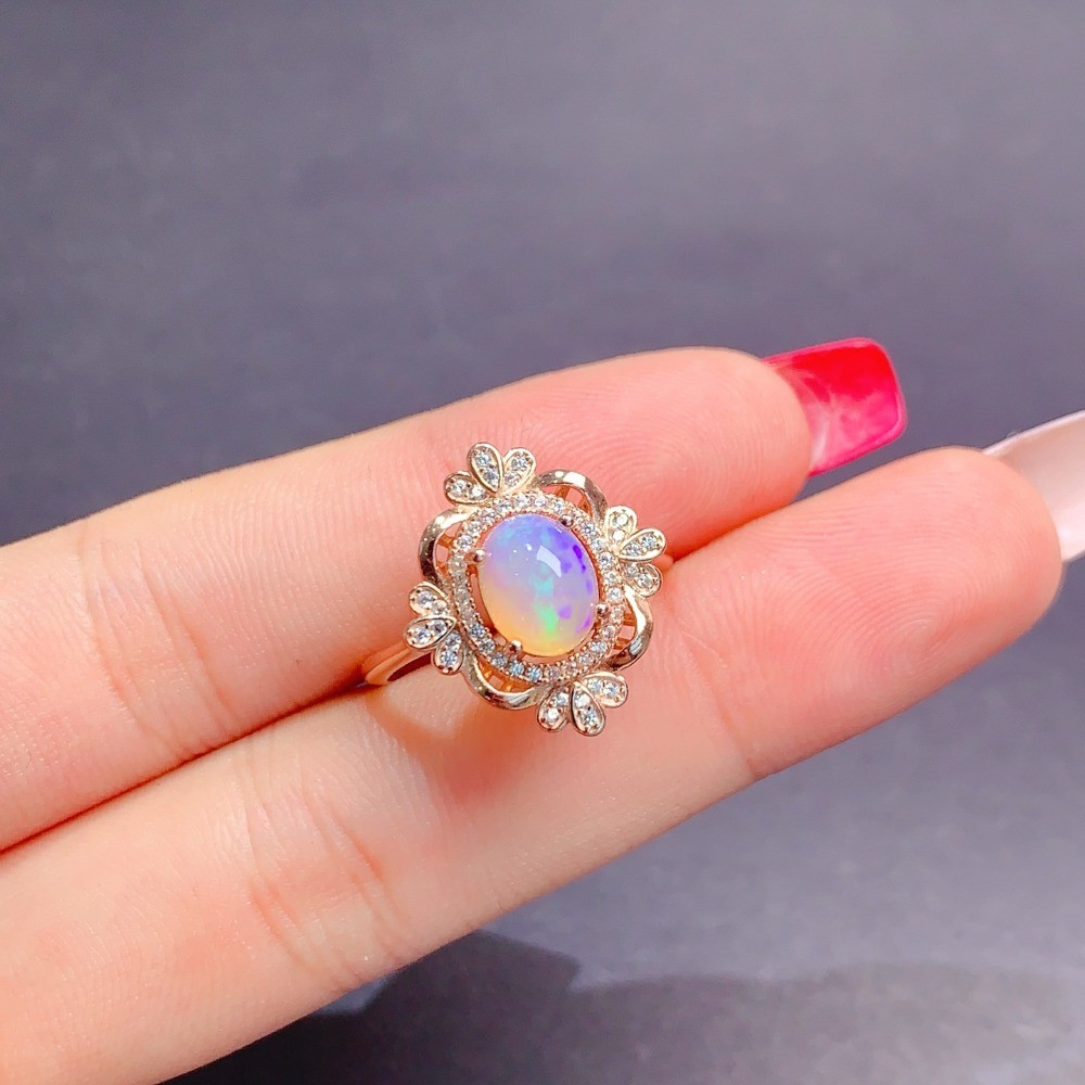 Natural Opal vintage open Adjustable ring Gemstone S925 Silver Plated18K Gold