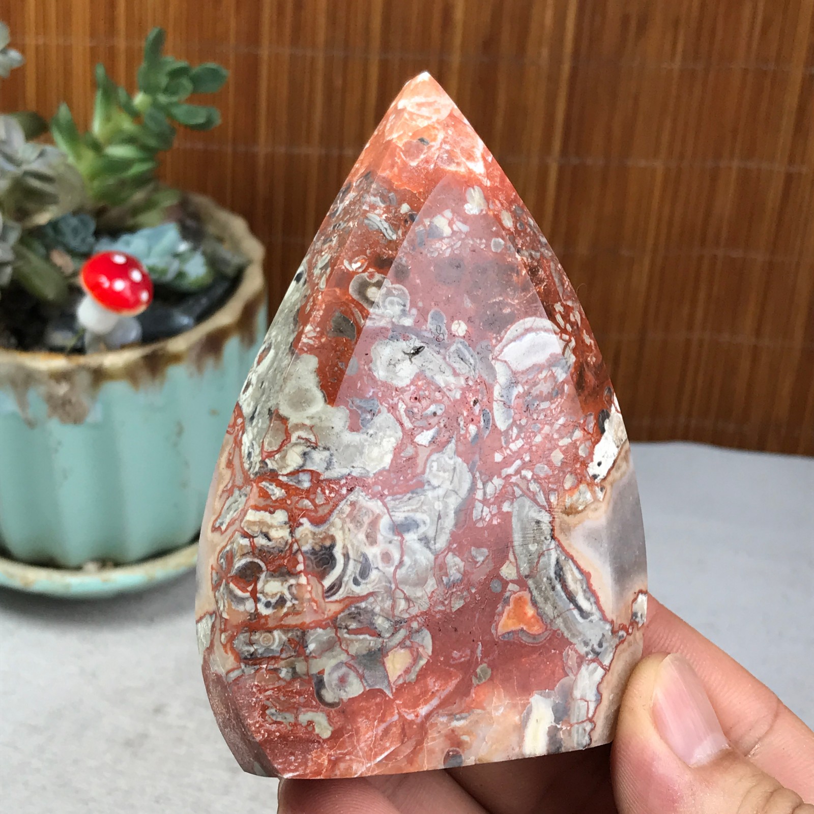 Natural money Mexico agate hand carve leaf Crystal Specimen free standing A6257