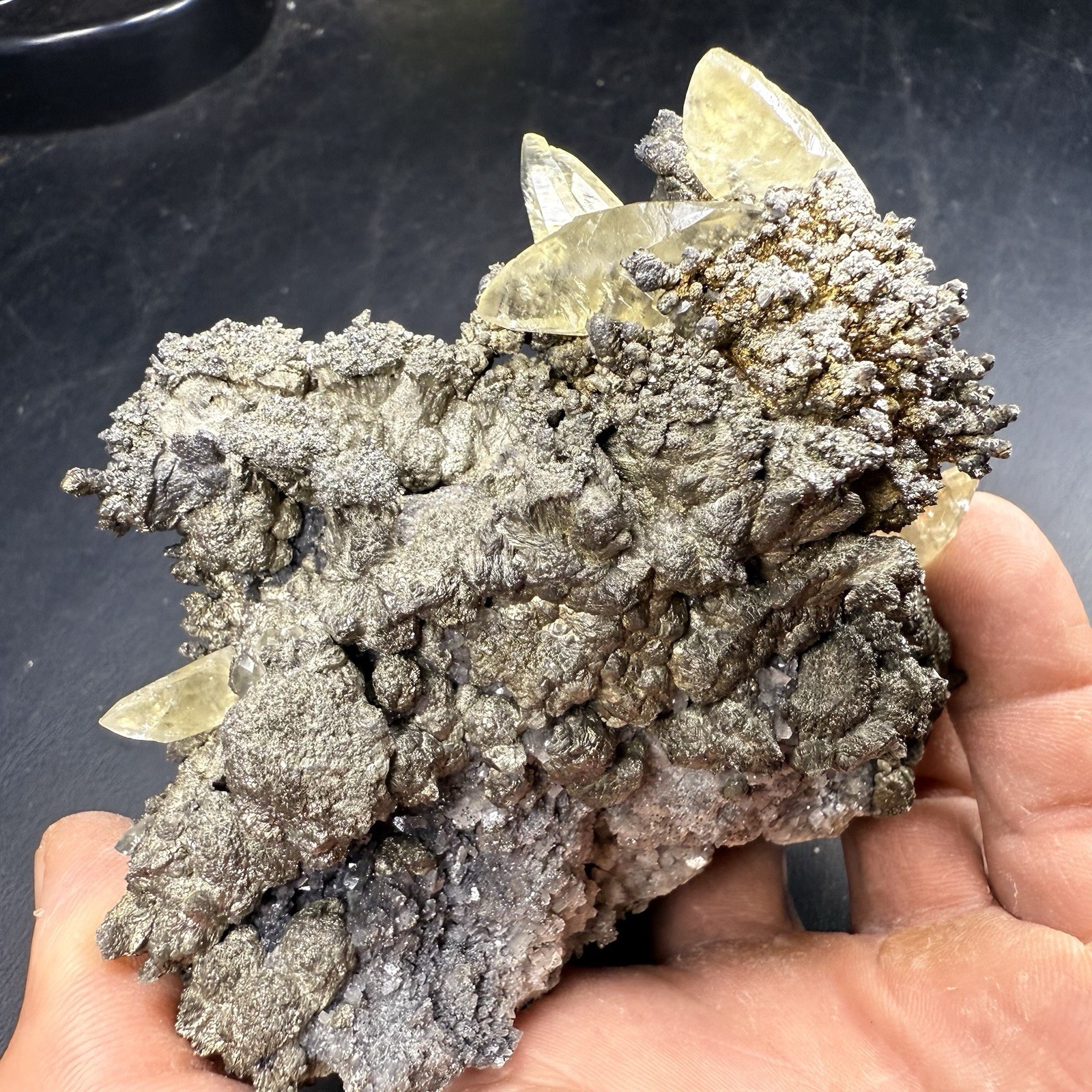 Golden Calcite Crystals on Chalcopyrite Pyrite Matrix / Missouri