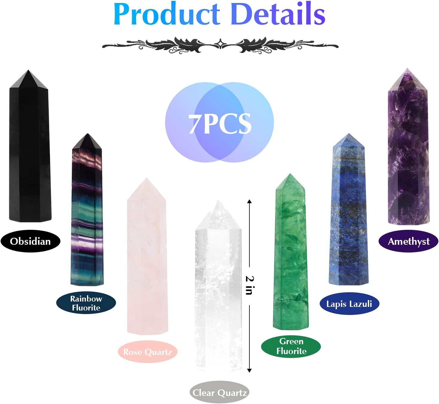 7 PCS Healing Crystal Wands | 2″ Amethyst, Rose Quartz,Clear Quartz,Black Obsidi