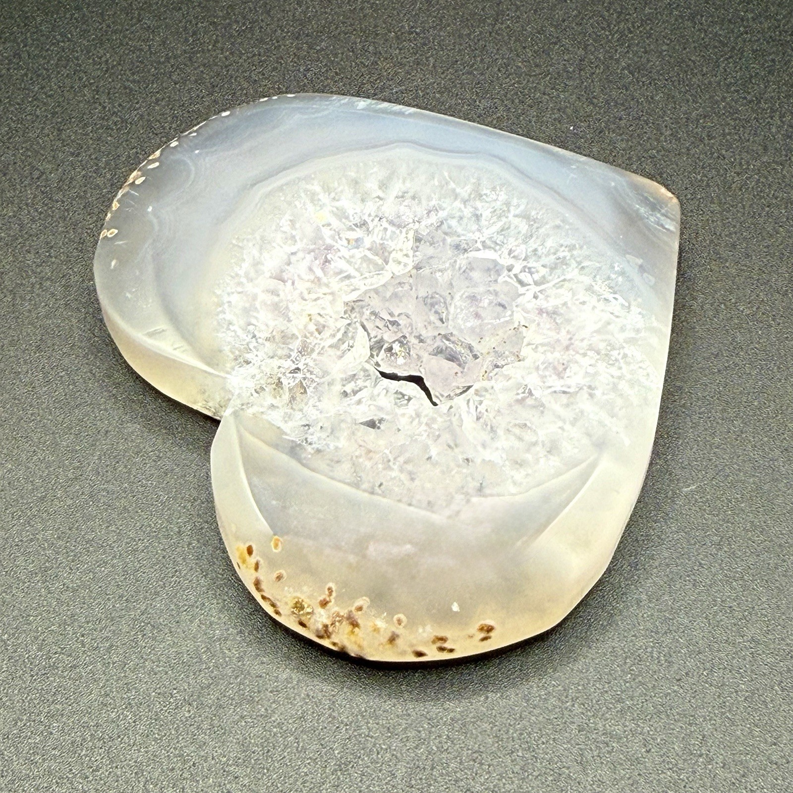 Polished Heart-Shaped Botswana Agate Slice with Druzy Crystal Center, White/Gray