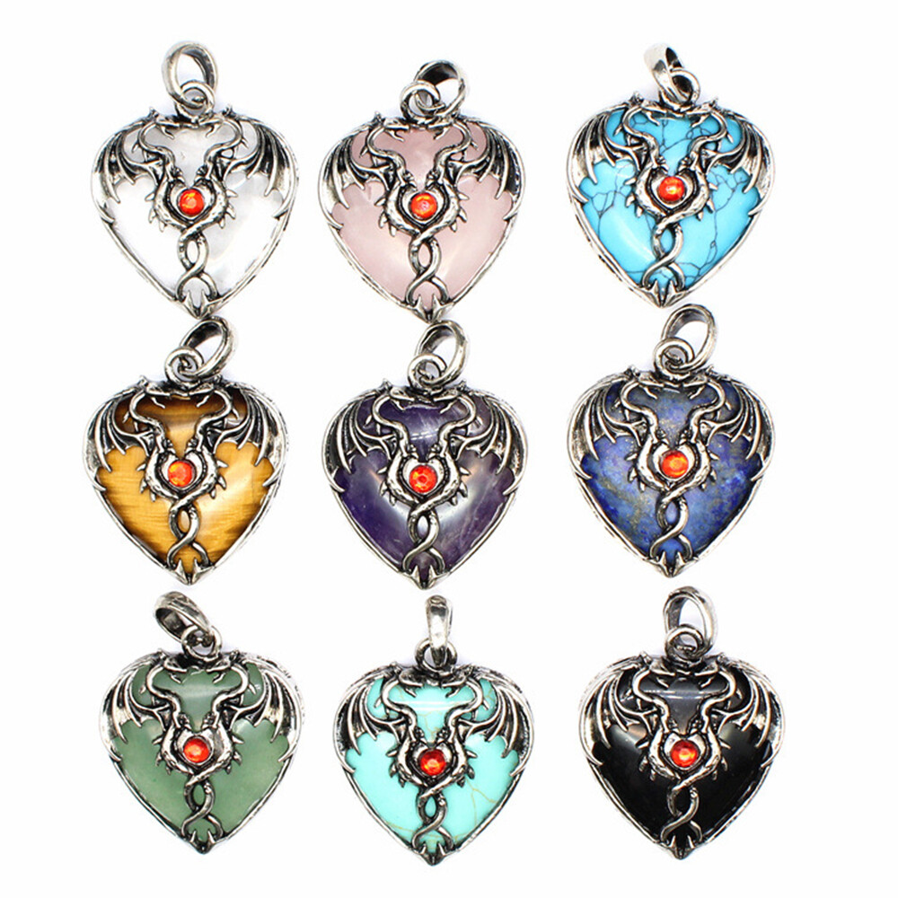 Natural Crystal Chakra Heart Double Dragon Pendant Quartz Skull Reiki Healing