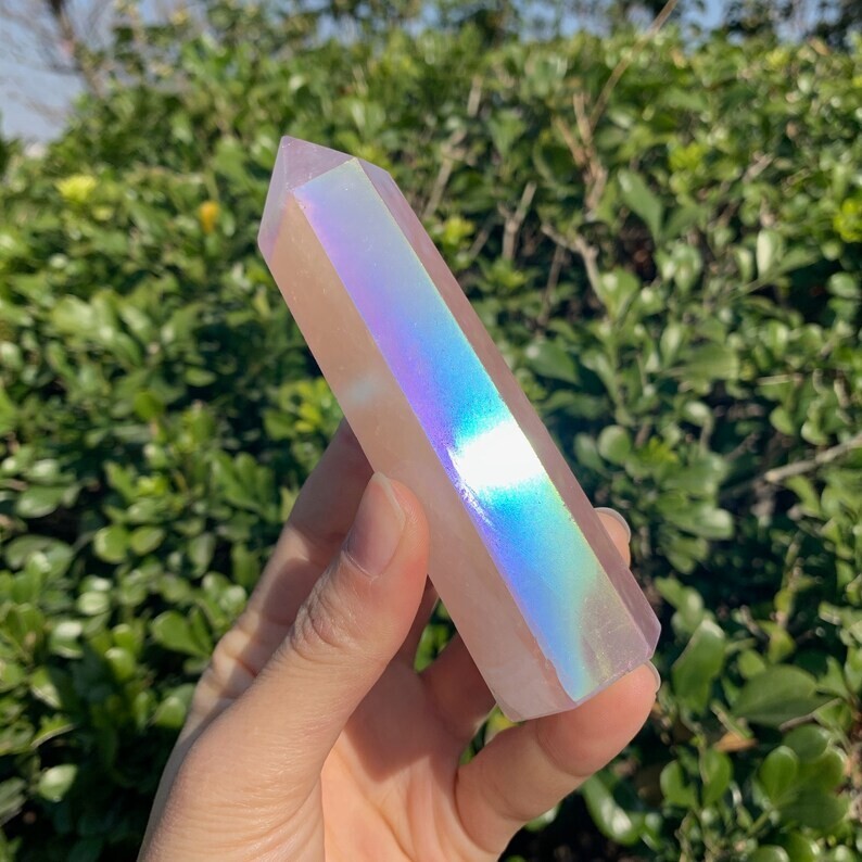 Angel Aura Rose Quartz Specimen Healing Crystal Wand Obelisk Tower Point Gifts