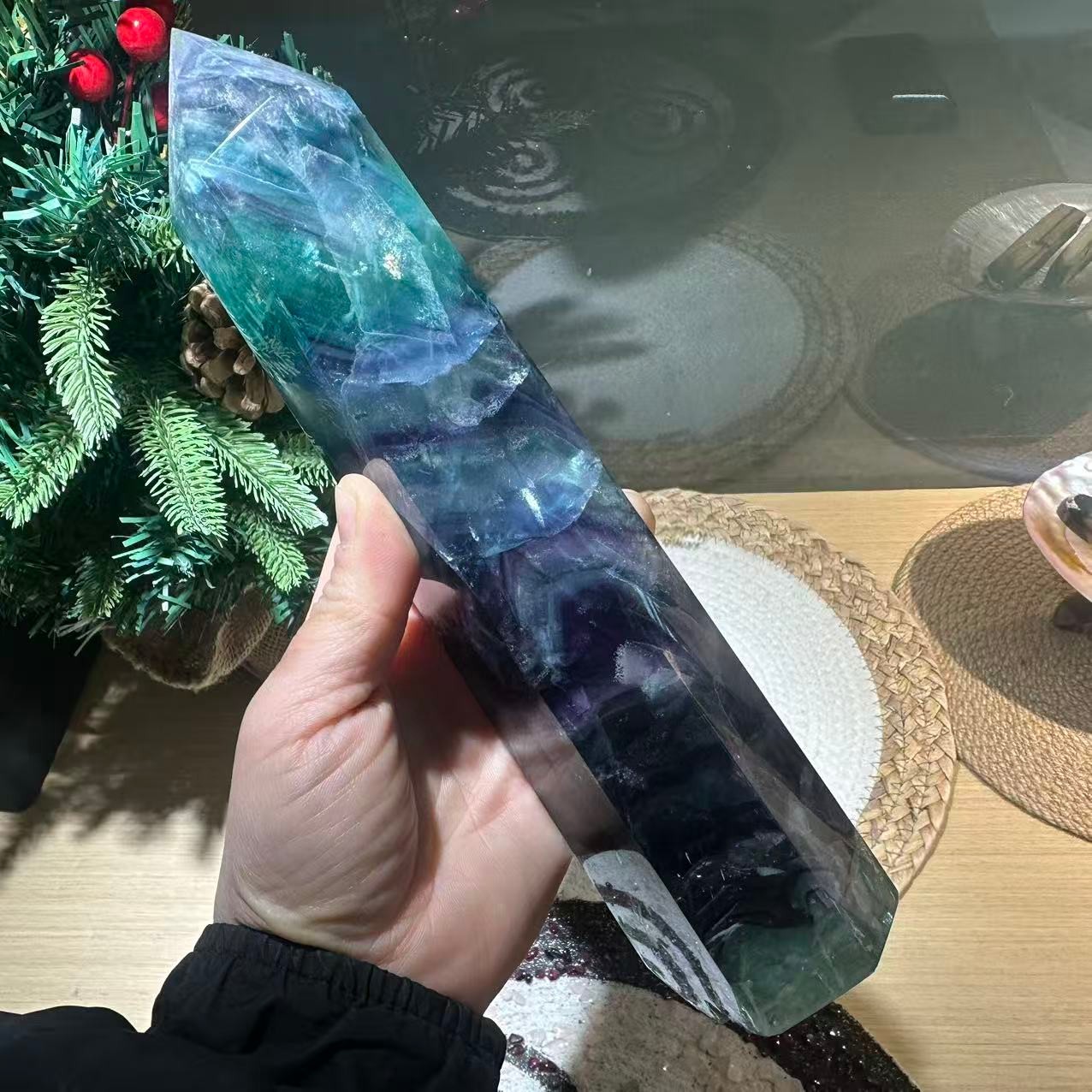 3.14LB 9″ Natural Rainbow Fluorite Tower Obelisk Crystal Healing Quartz Decor