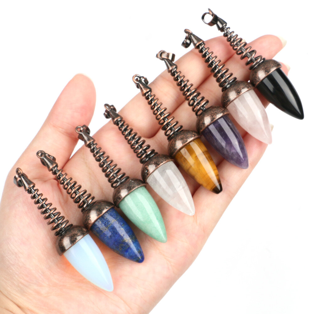 1pc Crystal Chakra Bullet Cone Pendants Quartz Gems Stone Metal Pendulum Dowsing