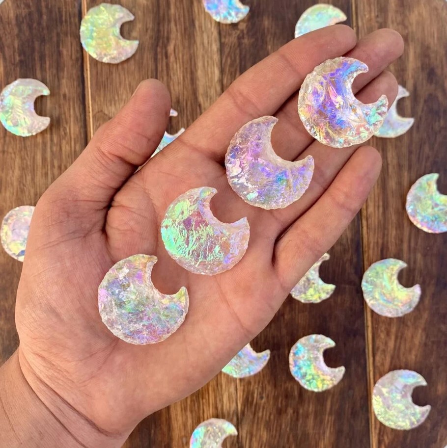 Angel Aura Quartz Crystal Crescent Moon, Clear Quartz, Moon Carving, Mini Moon