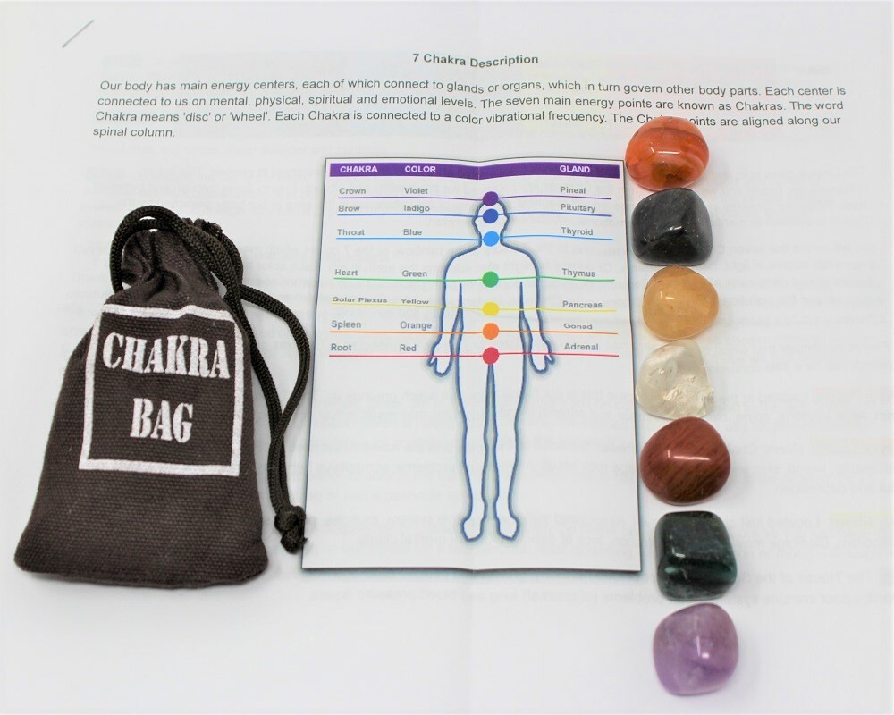 CHAKRA KIT: 7 Tumbled Stones Set & Instructions & Pouch & Chakra Chip Bracelet