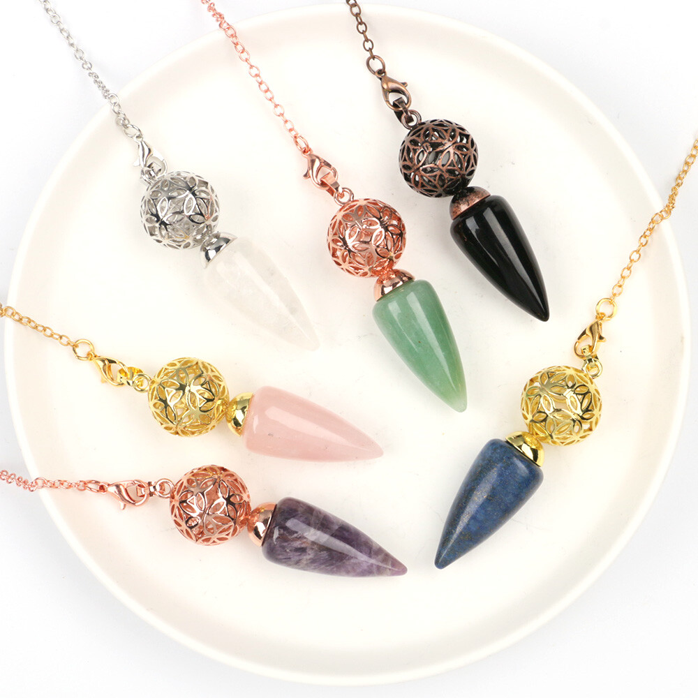 1pc Bullet Cone Crystal Chakra Chain Pendulum Quartz Stone Metal Dowsing Pendant