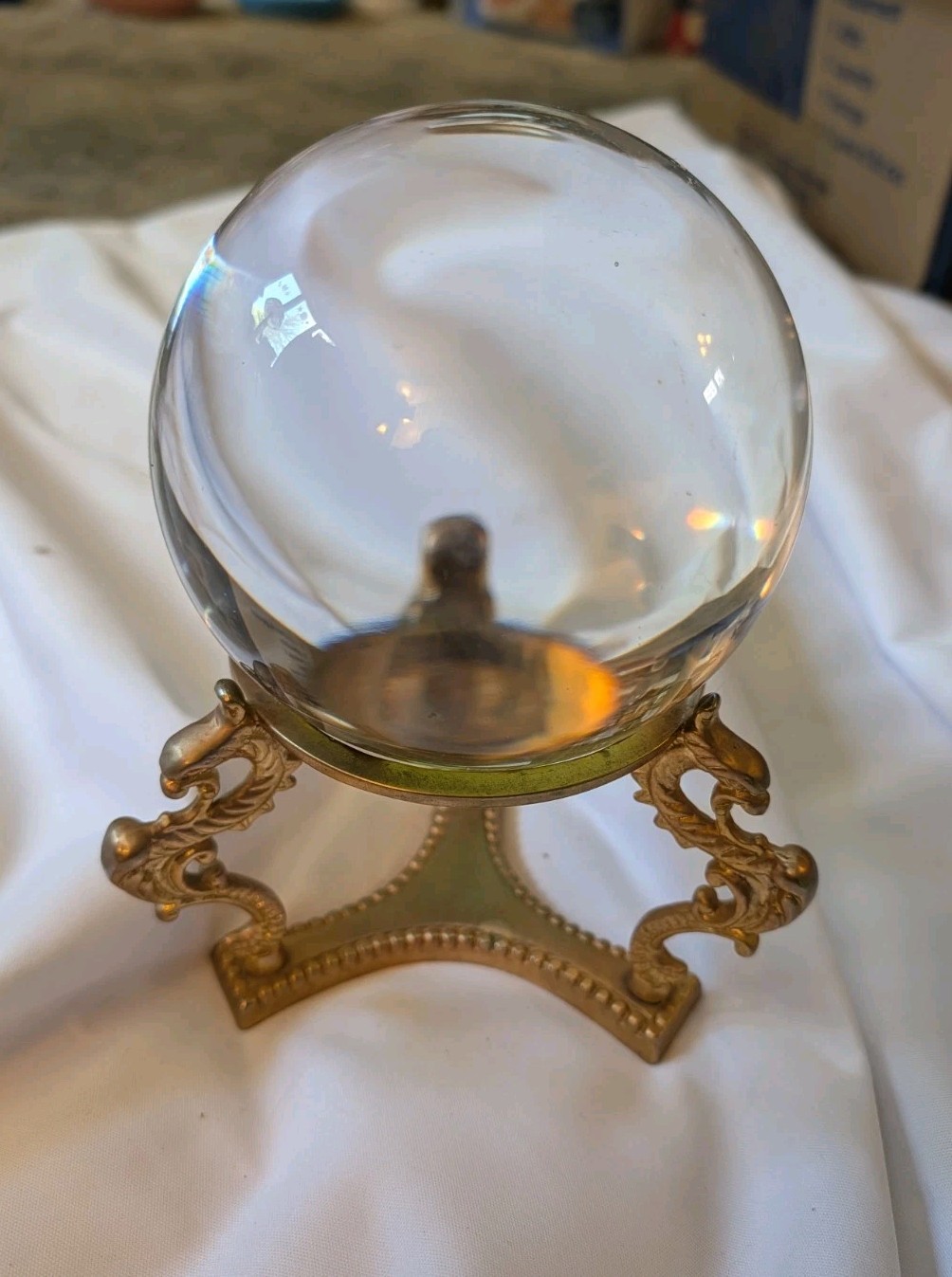 Vintage Fortune Teller Gazing Crystal Ball Glass Sphere Brass Dragon Stand