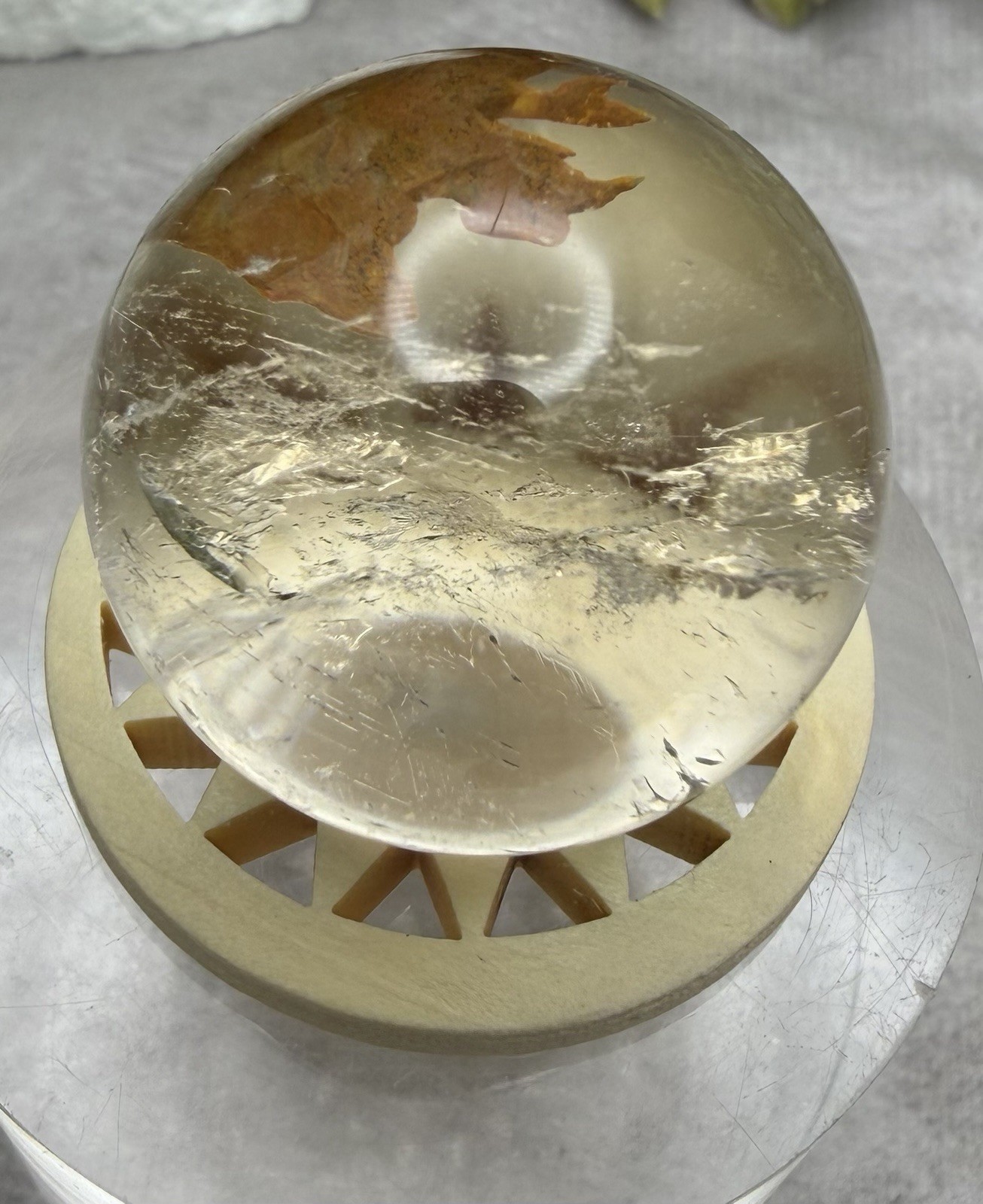 Crystal 28mm Quartz W/ Red Clay Inclusions W/stand Sphere Orb Ball Globe Mineral