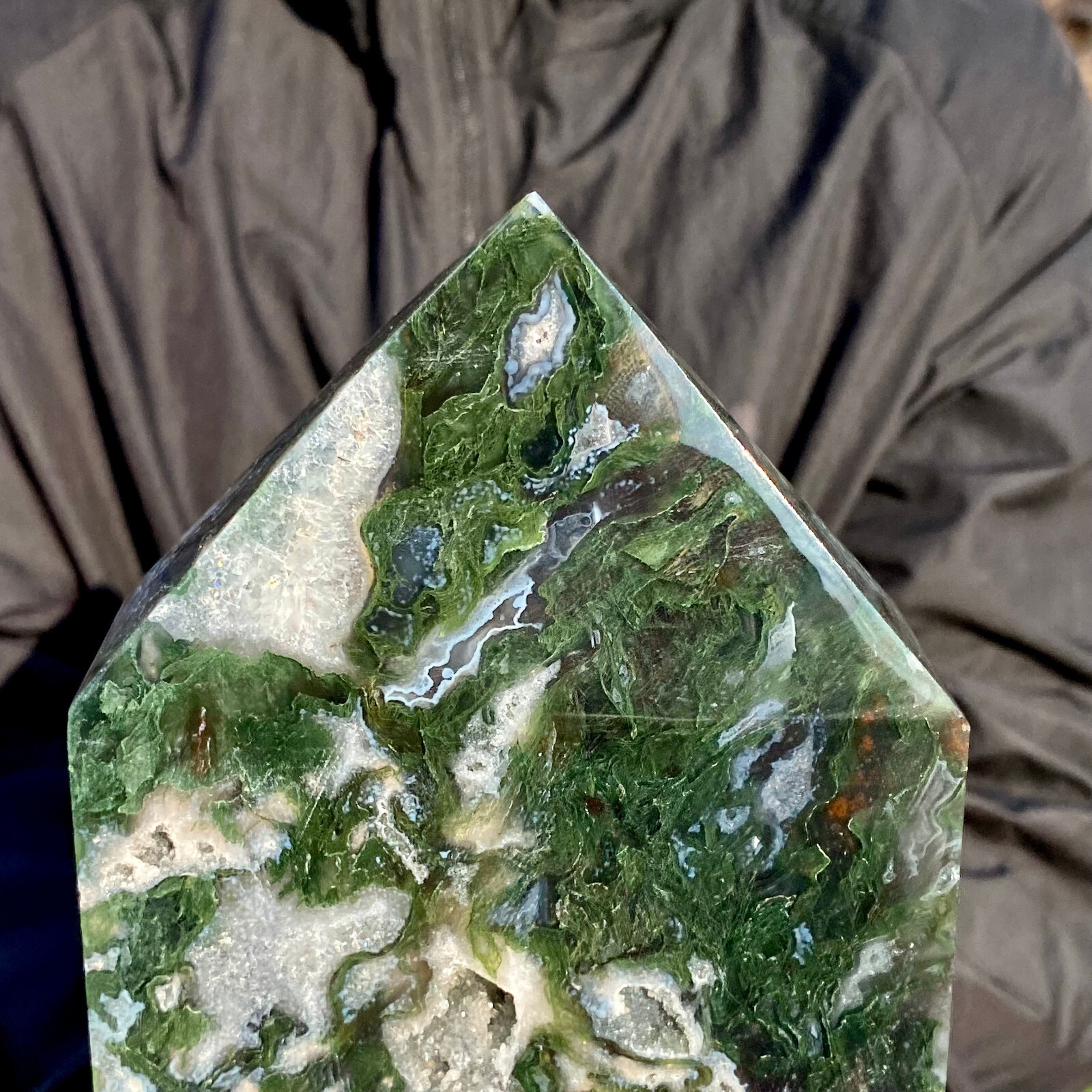 3.5LB Large Natural green druzy moss agate quartz obelisk crystal aura healing