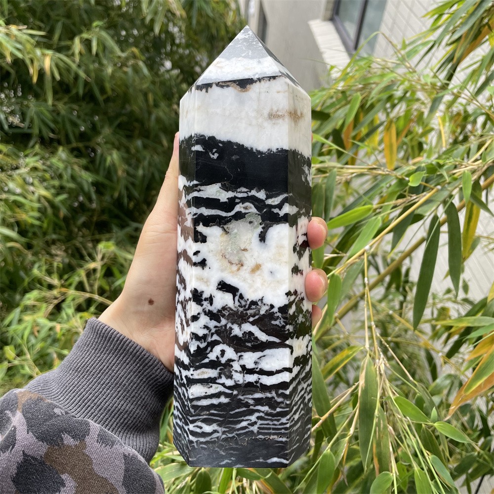 4.7LB 9.2″ Black And White Zebra Jasper Obelisk Quartz Crystal Tower Point Heal