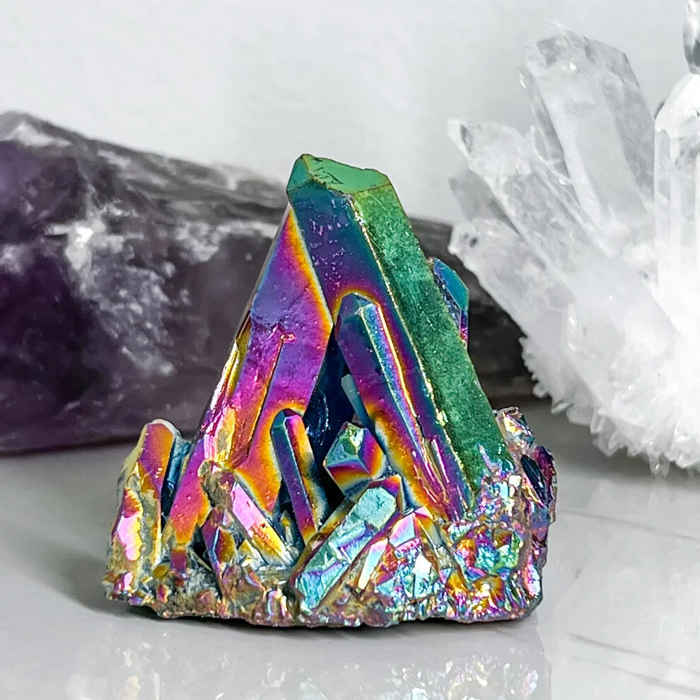 Natural Rainbow Aura Angel Titanium Quartz Crystal Point Cluster Geode Specimens