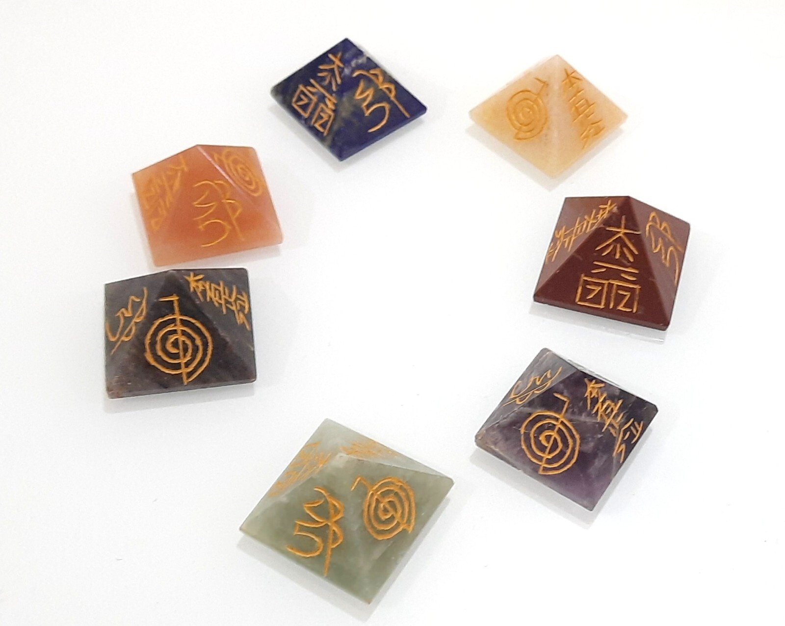 Reiki Sign Engraved Chakra Stone Pyramid Set 7 Chakra Reiki Pyramid Set