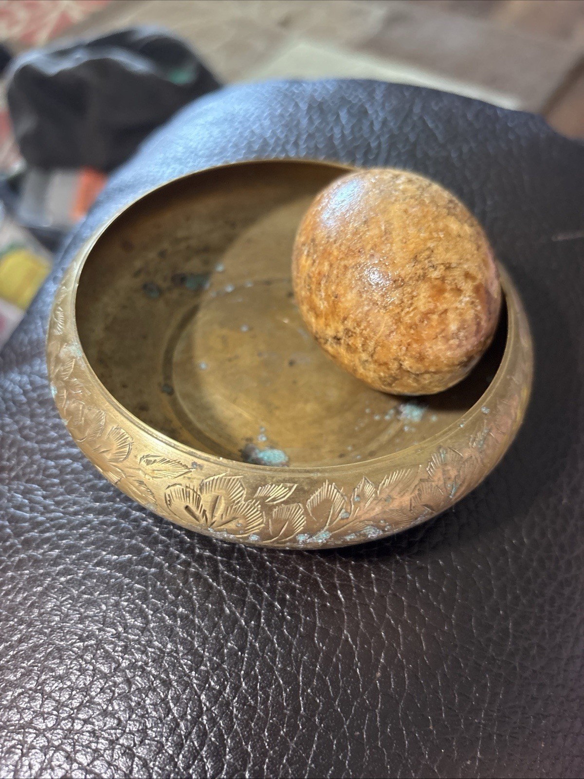 VINTAGE Brass Bowl From India W/stone Egg SEE PHOTOS