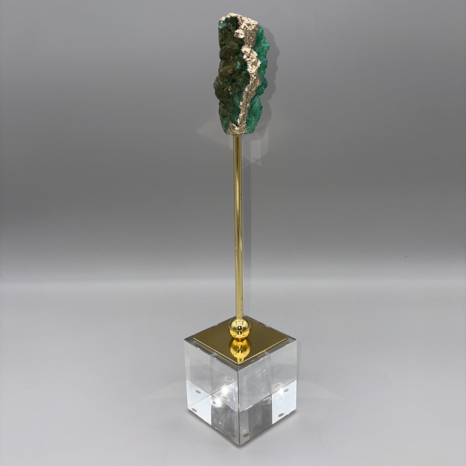 12.5″ Crystal Geode Sculpture Post Stand 12K Gold Plated Edge Acrylic Base Druzy
