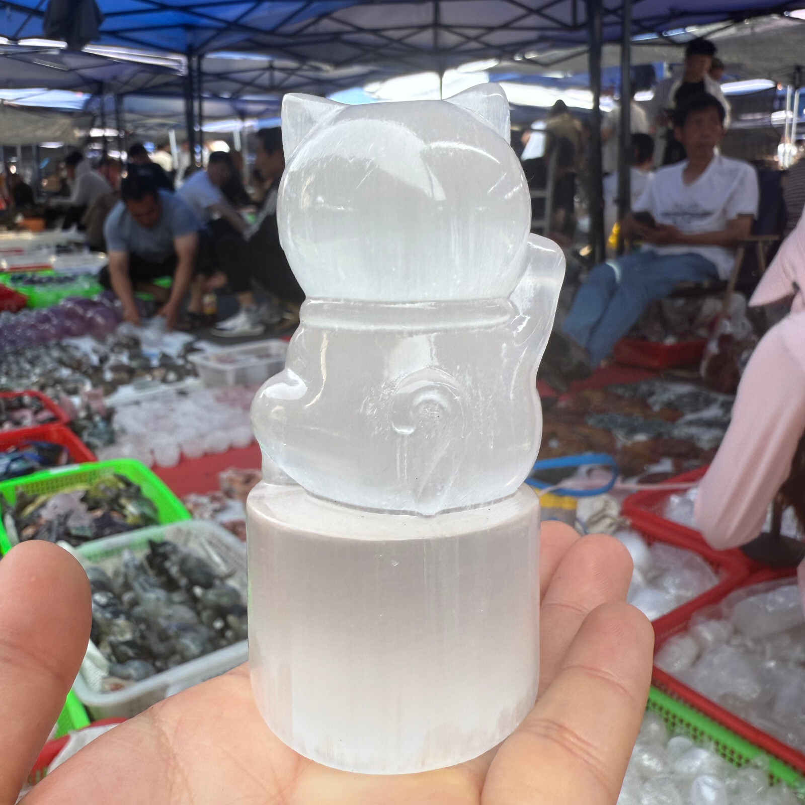 3.7″ Natural White stone paste Maneki Neko Quartz Crystal Carved Reiki Healing