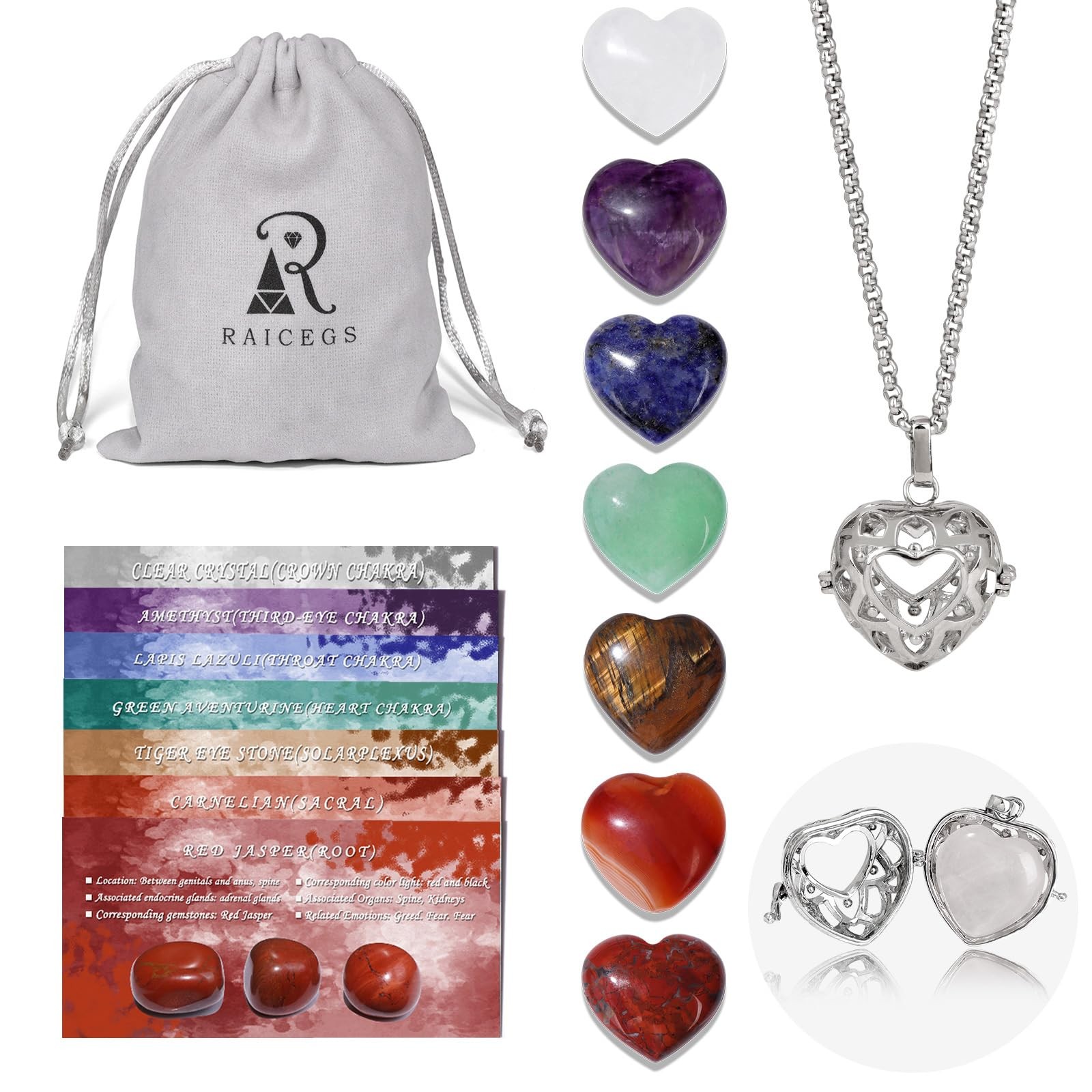 Heart Shaped Crystals and Healing Stones 7 Chakra Crystal Necklace 0.8 inch H…