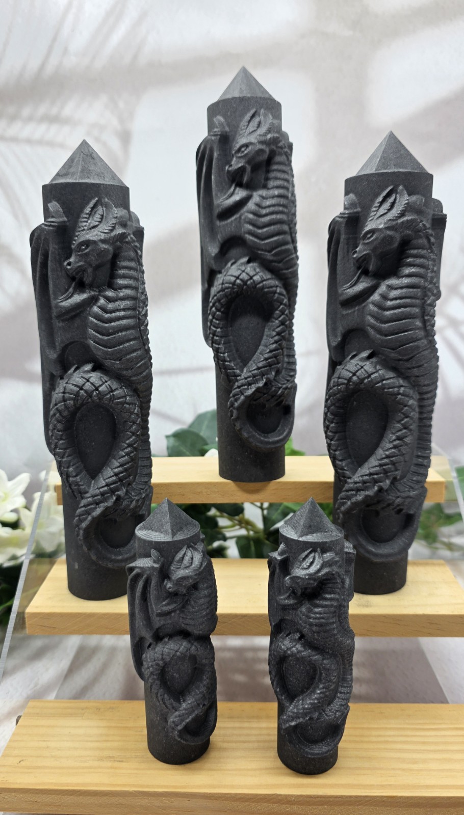 Shungite Dragon Towers Lot of 5 Hand Carved Dragon Obelisks, Protection Groundin