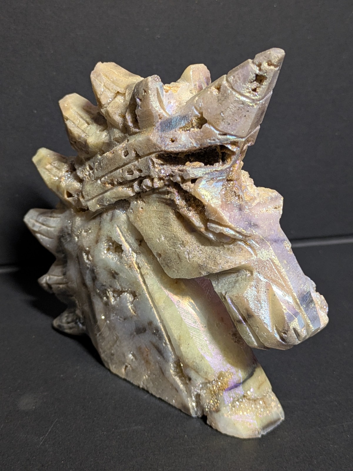 Aura Sphalerite Crystal Unicorn Carving Shiny Blue Purple Pink Gold With Druzies