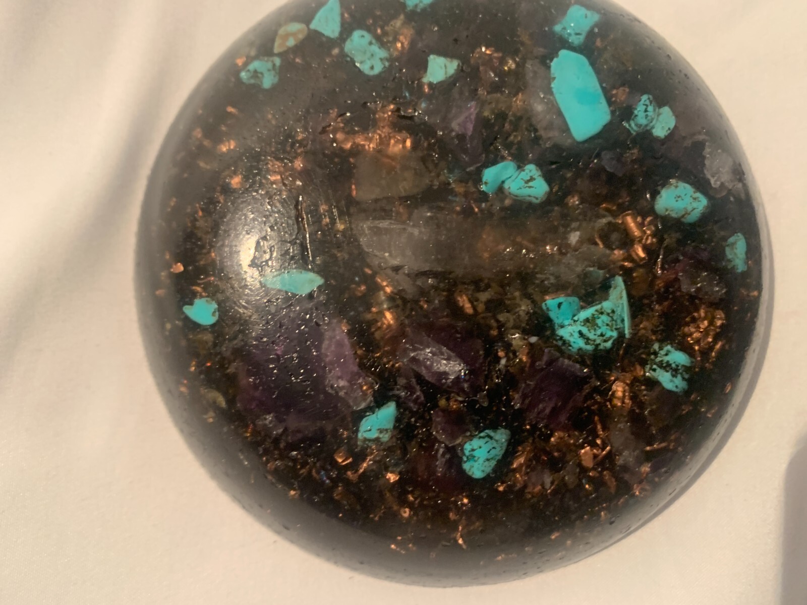 Crystal and stone orgone tower buster that is round in shape set of 2 handmade
