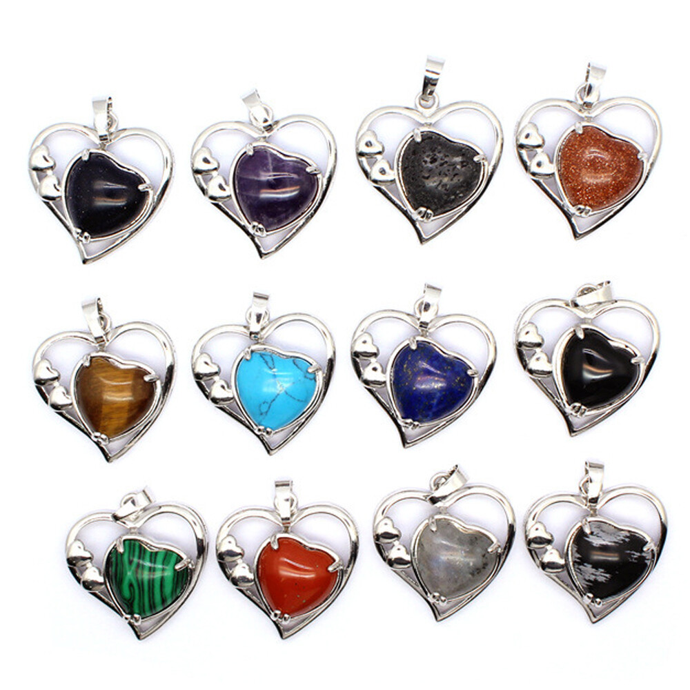 Natural Chakra Love Heart Crystal Stone Quartz Pendant Necklace Jewelry Healing