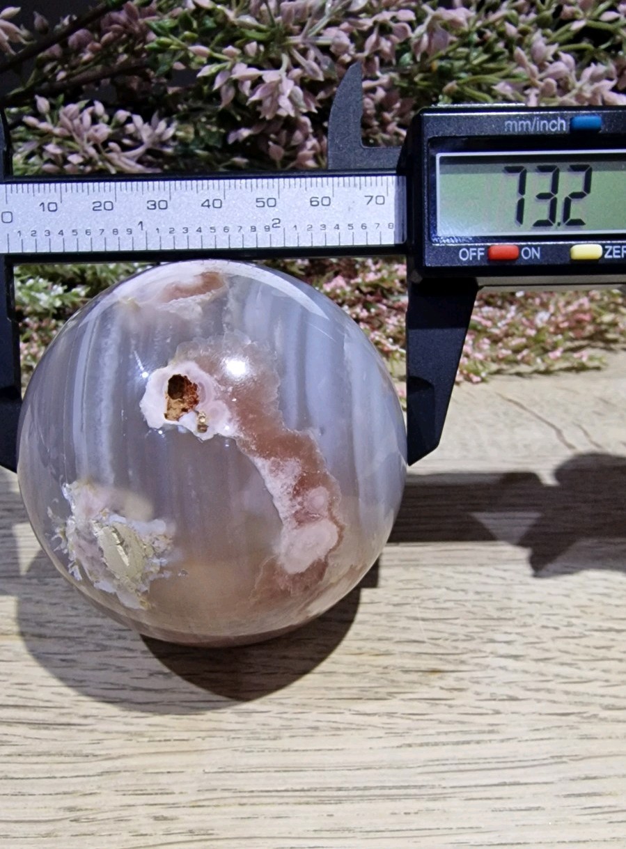 Flower Agate Crystal Sphere 537g 73mm UV Reactive Free Stand