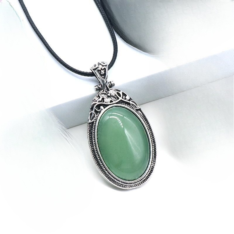 Crystal Agate Alloy Inlaid Gemstone Pendant Oval Stone Necklace 1pc