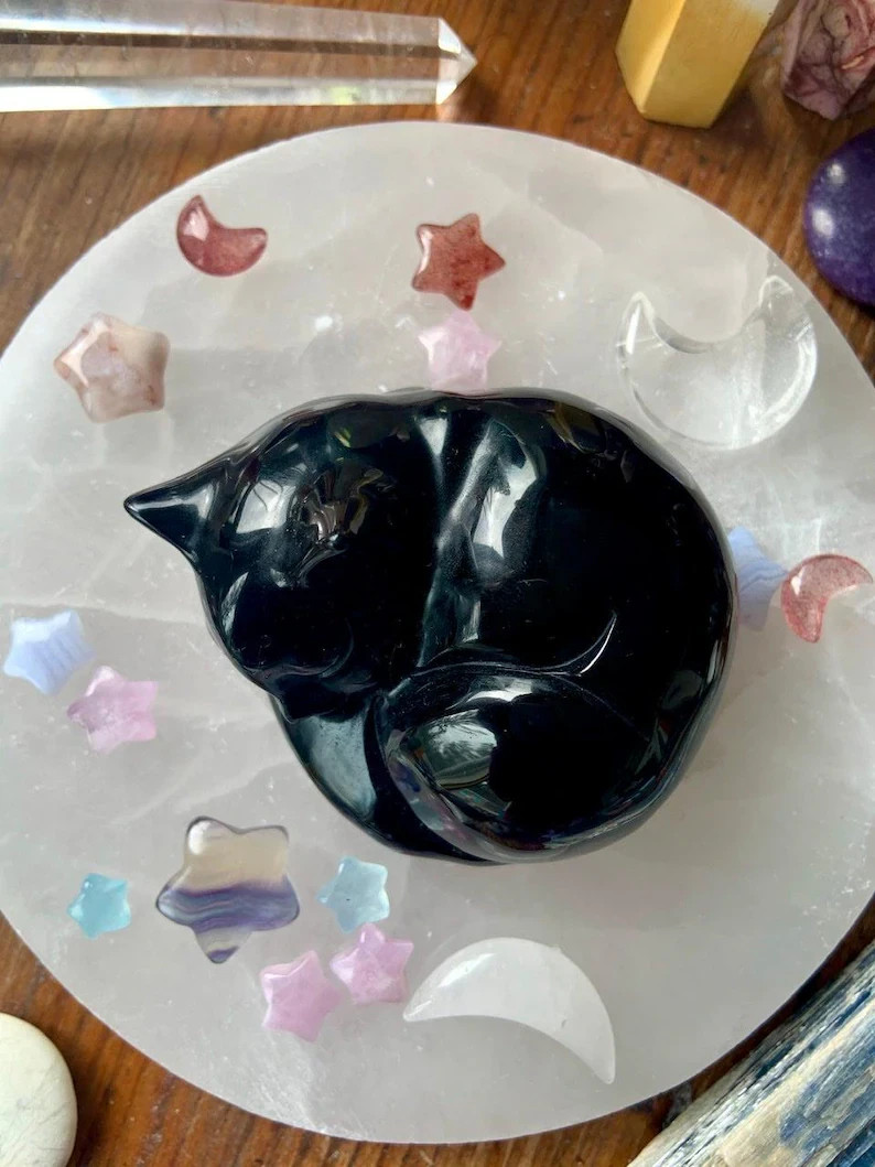 Natural Obsidian Sleeping Cat Hand Carved Crystal Healing Reiki Home Decor Gift