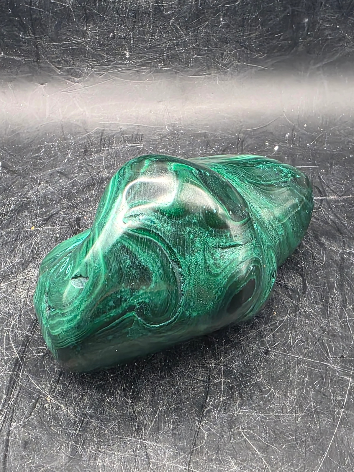 Malachite polished free form! 10 ounces, 3.2 inches long, 1.8″ wide!