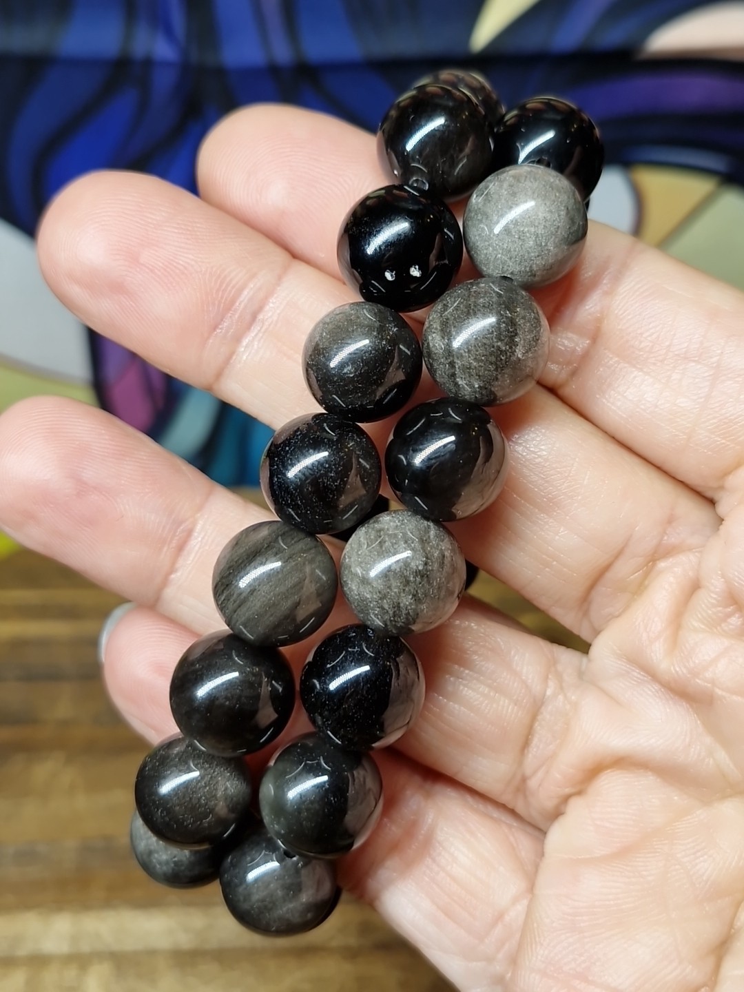 Silver Sheen Obsidian Crystal 12mm Bead Stretch Bracelet 20.4cm Or 19.2cm