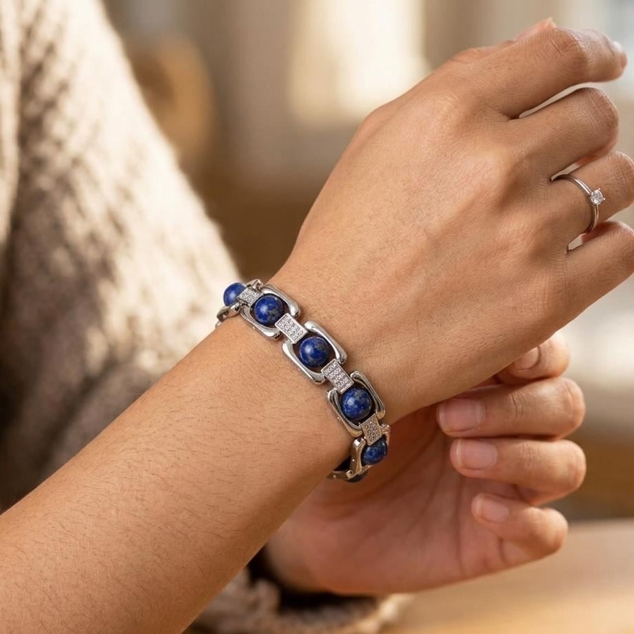 Premium Lapis Lazuli Link Bracelet Silver Plated, Gift for Communication