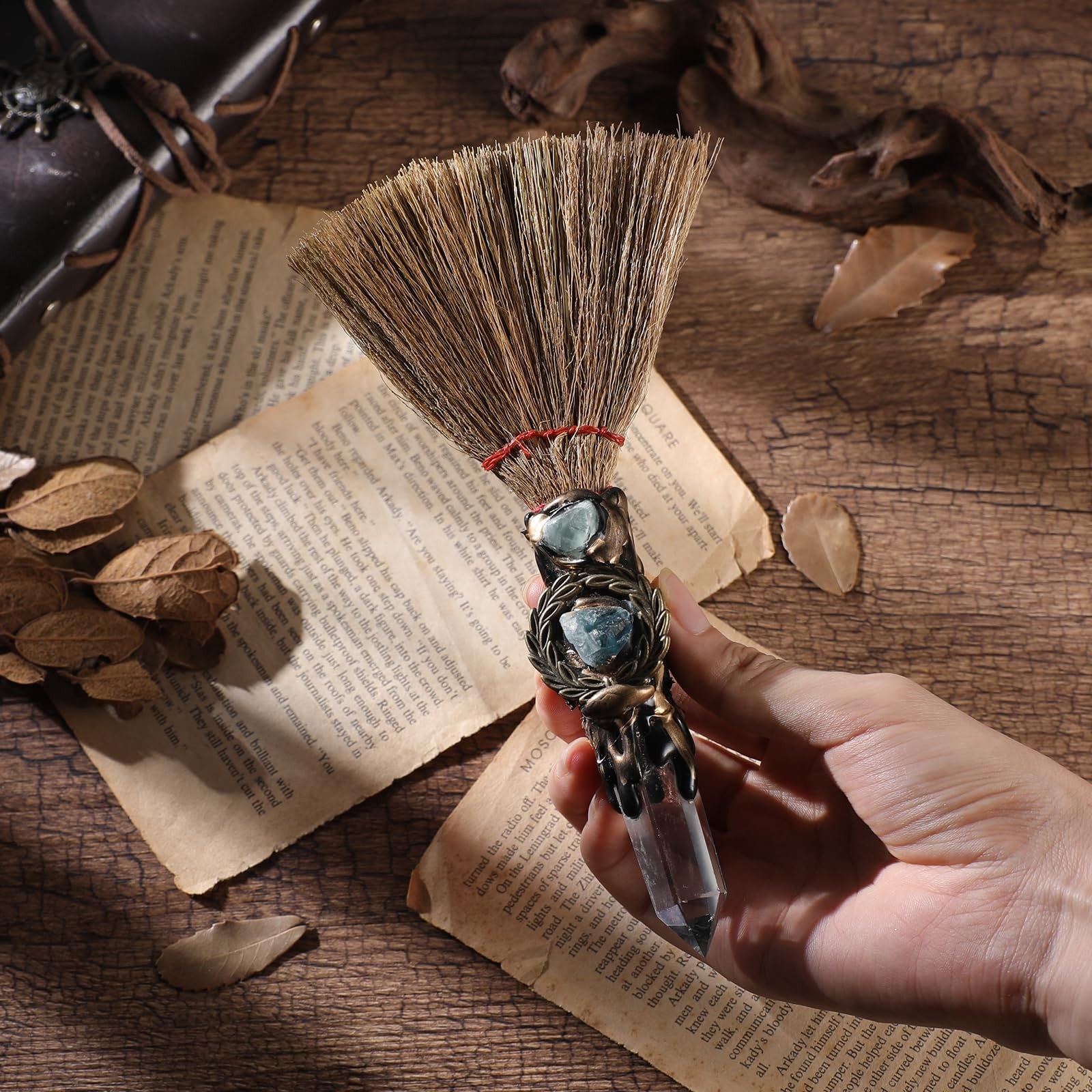 Witch Crystal Altar Broom – Natural Crystal Magic Broom for Wiccan Décor Hall…