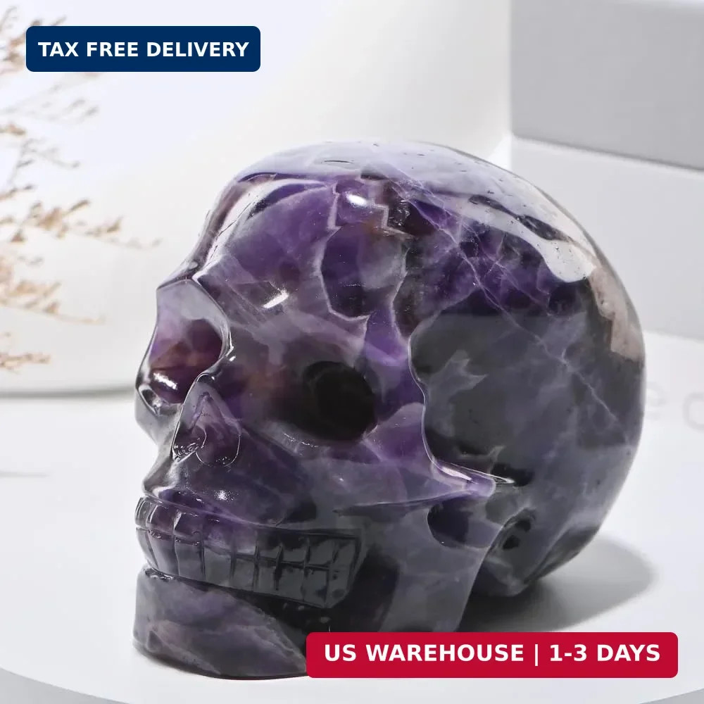 5”Natural Dreamy Amethyst Crystal Skull Head Hand Carved Reiki Healing Stone St