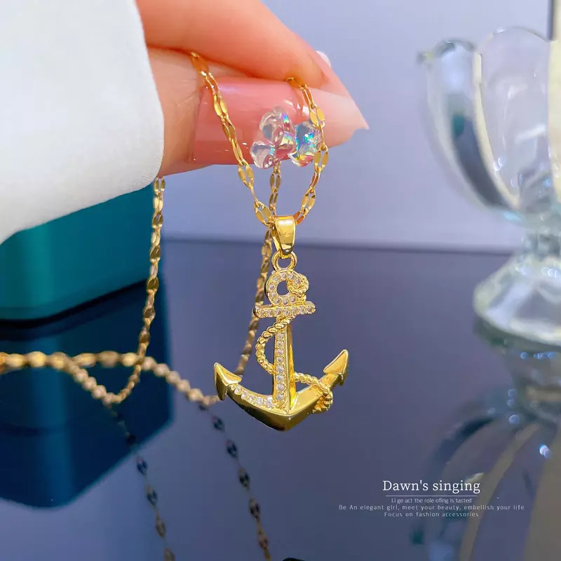 Women’s Fashion Jewelry Gold Cubic Zircon Anchor Pendant Necklace 1PC
